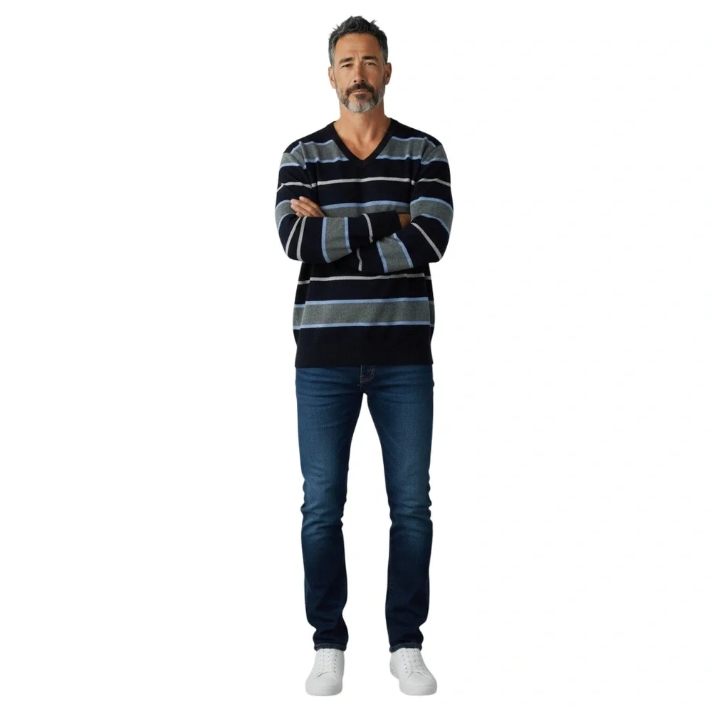 Tricots St Raphael V-Neck Cotton Long Sleeve Striped Sweater 3X Navy Quality
